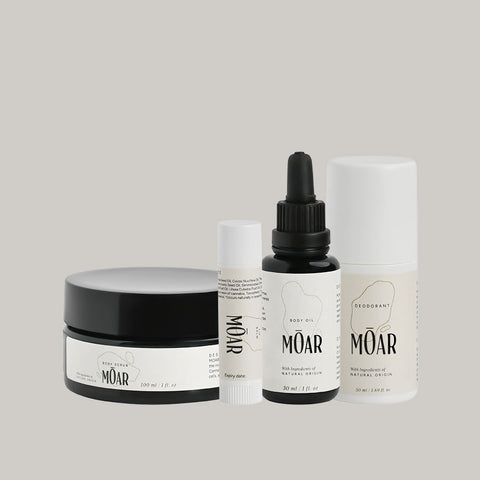MOAR Body Oil, Scrub, Lip Balm and Deodorant set